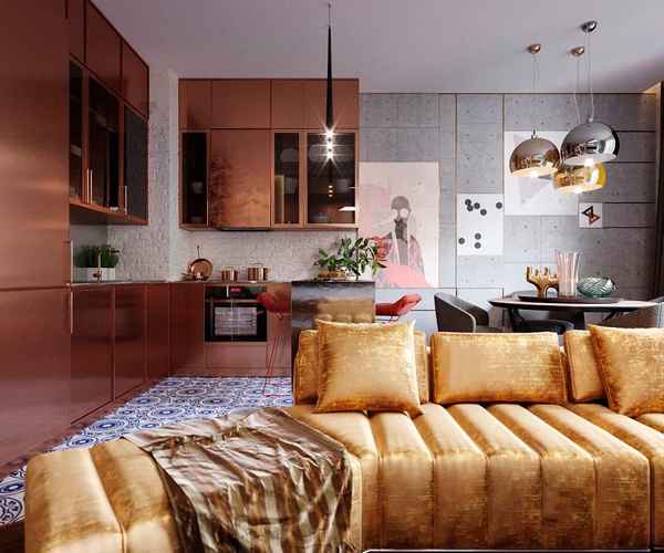 Мягкие медные акценты в дизайне интерьера квартиры