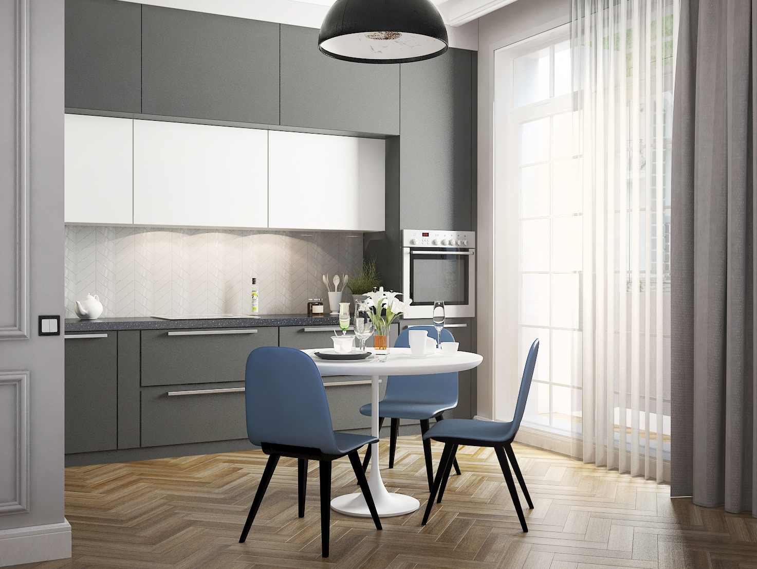 Серые обои на кухне какой гарнитур подобрать?