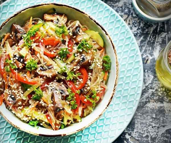 Рецепт вкусной фунчозы с шампиньонами и овощами