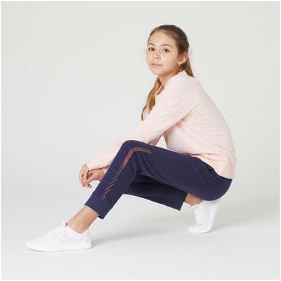 Брюки д/джоггинга утепленные из футера гимн. д/девочек темно-синие с принтом 100 DOMYOS - купить в интернет-магазине