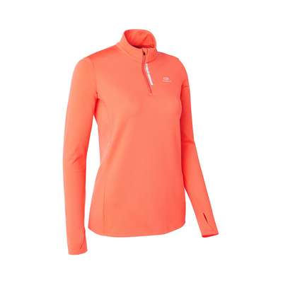 ФУТБОЛКА ДЛЯ БЕГА С ДЛИННЫМИ РУКАВАМИ НА МОЛНИИ ЖЕНСКАЯ RUN WARM ZIP КОРАЛЛОВАЯ KALENJI - купить в интернет-магазине