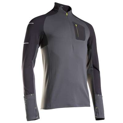 ФУТБОЛКА УТЕПЛЕННАЯ ДЛЯ БЕГА С ДЛИННЫМИ РУКАВАМИ МУЖСКАЯ WARM LIGHT ЧЕРНО-СЕРАЯ KIPRUN - купить в интернет-магазине