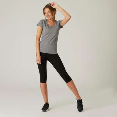 Футболка для фитнеса женская зауженная хлопковая эластичная 500 серая NYAMBA - купить в интернет-магазине