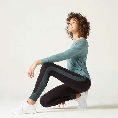 Легинсы спортивные женские 510 черные с рисунком DOMYOS - купить в интернет-магазине